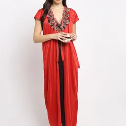 Secret Wish Red & Black Embroidered Nightdress with Robe-image-27