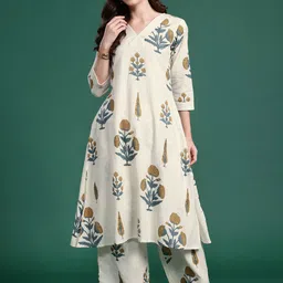 PHYSIL Women Floral Printed Regular Aline Calf Length Kurta with Trousers-38