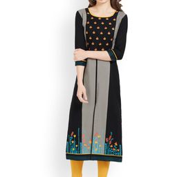 Kvsfab Women Black & Grey Embroidered Straight Kurta-image-72