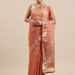 Geroo Jaipur Peach Woven Pattern Saree With Unstitched Blouse-picture-15