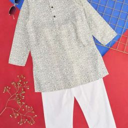 Indus Route by Pantaloons Kids Grey & White Cotton Printed Full Sleeves Kurta Set-image-69