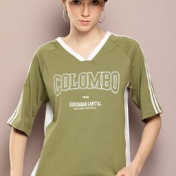 Kook N Keech Printed Raglan Sleeve Pure Cotton Oversized T-shirt with Striped Detail-image-61
