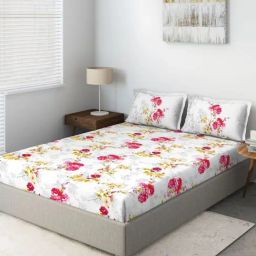 DDecor Floral Pink & White 136 TC Cotton Double Bedsheet with 2 pillow Covers-picture-21