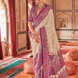 Elora Cream & Purple Blended Ethnic Motifs Saree With Unstitched Blouse-image-8