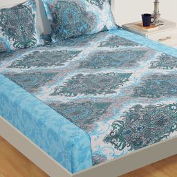 SWAYAM Teal Blue & Grey Ethnic Motifs 160 TC 1  Queen Bedsheet with 2 Pillow Covers-18
