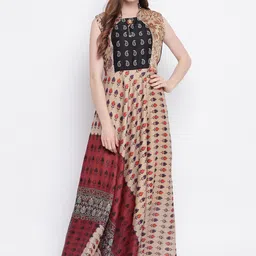 Kvsfab Women Beige & Red Printed A-Line Kurta-picture-19