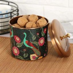India Circus by Krsnaa Mehta Black Steel Feathers & Florals Storage Jar (1.1 L)-image-55