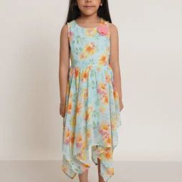 Creative Kid's Girls Pink & Green Regular Fit Floral Print Dress-picture-30