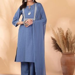 Nayam By Lakshita Floral Embroidered Linen Straight Kurta With Palazzos & Dupatta-picture-20