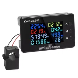 amiciSense 8 in 1 Digital Energy Meter 50-300 V AC 100 Amp Power Monitoring Device 22 kW with Colorful Display and 6 Buzzer Alarm-0