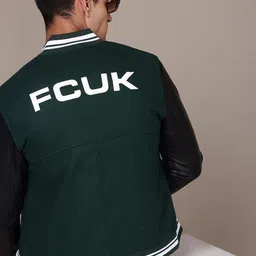 FCUK Brand Logo Printed Mock Collar Varsity Jacket-51