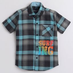 Polka Tots Half Sleeve Tartan Checked & Surfing Placement Printed Shirt - Black-image-23