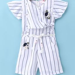 Rassha Half Sleeves Striped Floral Applique Tunic Jumpsuit With Belt & Cap - White-image-91