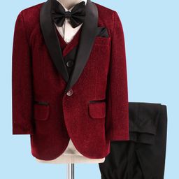 Robo Fry Woven Full Sleeves Solid Colour Textured 4 Piece Party Suit with Bow- Maroon-image-22
