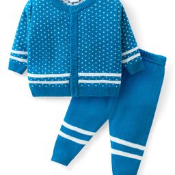 Babyhug Knitted Full Sleeves Front Open Sweater Set with Polka Dot Design - Aqua Blue-picture-5