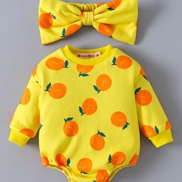 Kookie Kids Full Sleeves Winter Wear Onesies & Headband with Tangerine Print- Yellow-image-33