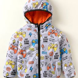 Yellow Apple Woven Full Sleeves Hooded Padded Winter Jacket with Game On Print - Grey-image-68