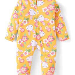 Babyhug Cotton Knit Full Sleeves Front Open Footed Sleep Suit with Floral & Bunny Print - Yellow-image-59