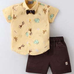 Dapper Dudes Half Sleeves Animals Printed Shirt With Bow & Shorts - Lemon Yellow-image-21