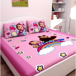 Athom Living Masha and The Bear Digital Printed Cotton Kids Double Bedsheet 270x270 cm with 2 Pillow Cover-image-65