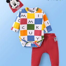 Babyoye Disney Interlock Knit Full Sleeves Onesie & Diaper Legging With Mickey Mouse Graphics & Cap - White & Red-image-16