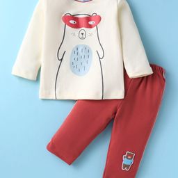 TANGO Interlock Knit Full Sleeves T-Shirt & Lounge Pant Set With Animal Print - Cream & Red-image-95