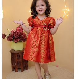 BownBee Jacquard Half Puffed Sleeves Floral Foil Printed & Bow Applique Detailed Ethnic Dress - Red-image-9