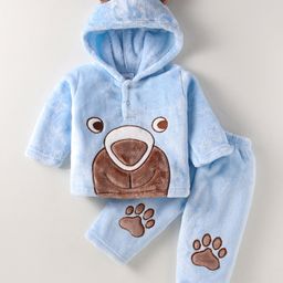 Mom's pet Fur Full Sleeves Bear Embroidered Hooded Tee With Pant Set - Blue-image-85