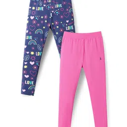 Pine Kids Cotton Lycra Knit Full Length Solid & Floral Printed Leggings Pack of 2 - Navy Blue & Dark Pink-picture-45