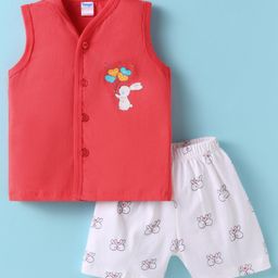 Tango Single Jersey Knit Sleeveless Shorts Night Suit With Bunny Print - Red-image-83