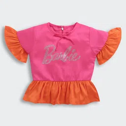 Barbie by Tiny Girl Half Flutter Sleeves Brand Name Foil Printed Top - Orange-picture-13