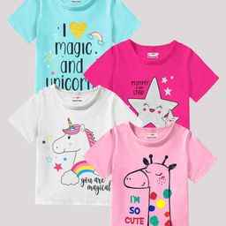 KUCHIPOO Cotton Blend Pack Of 4 Half Sleeves Baby Giraffe & Unicorn Printed Tees - Pink White Magenta & Blue-image-52