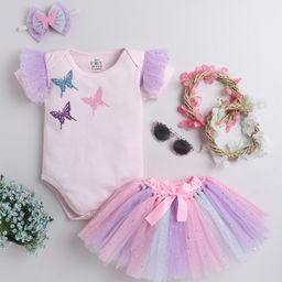 TINY MINY MEE Elastane Half Sleeves Butterfly Glitter Printed Onesie With Net Tutu Skirt & Headband Set - Pink-picture-15