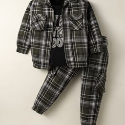 Rikidoos Full Sleeves Checked Jacket With Typography Printed Tee & Coordinating Joggers - Black & Green-image-39