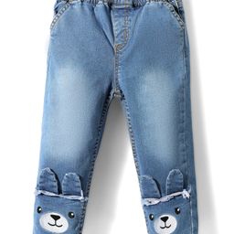 Babyoye Cotton Woven Full Length Jeans With Teddy Bear Embroidery & Ear Applique - Blue-image-76