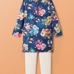 Pine Kids Woven Full Sleeves Kurta Pajama Set with Floral Print - Navy Blue & White-image-45
