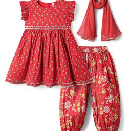 Babyhug Woven Frill Sleeves Rayon Printed Kurti Churidar & Dupatta Set - Red-image-94