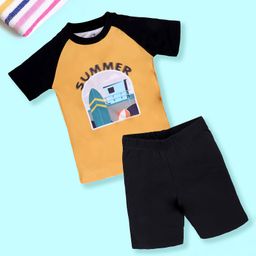 Kiddopanti Half Raglan Sleeves Summer Text Printed Swimming Tee & Shorts Set - Mustard & Black-image-72