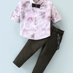 Dapper Dudes Full Sleeves Tie Dye Shirt & Pant With Bow & Suspender Set - Olive Green-image-35