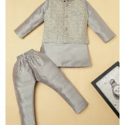 Ridokidz Full Sleeves Solid Kurta & Pyjama With Floral Embroidered Jacket - Grey-picture-49
