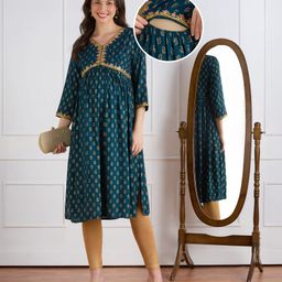 Bella Mama Woven Three Forth Sleeves Maternity Kurta With Floral Embroidered Yoke & Foil Print - Teal Blue-picture-41