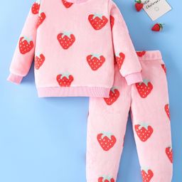 Mark & Mia Full Sleeves Co-Ord Winter Wear Night Suit with Strawberry Print - Pink-picture-26