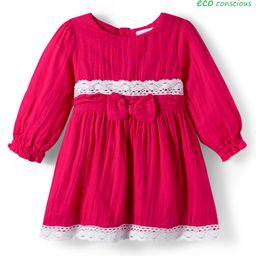 Babyoye Cotton Woven Full Length Frock With Bow Applique & Textured Print - Red-picture-3