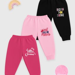KUCHIPOO Cotton Blend Knit Pack Of 3 Born To Shine & Little Dreamer Text Printed Pajamas - Black Pink Dark & Pink-picture-33