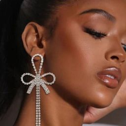Estailo fashion Silver Plated Artificial Stones Studded Tasselled Bow Shaped Drop Earrings-image-57