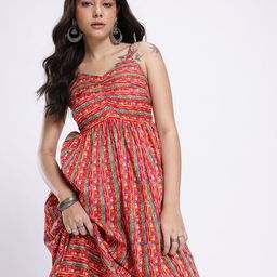 glitchez Geometric Printed Gathers A-Line Midi Dress-picture-16
