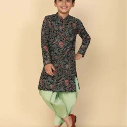 KISAH Kids Black & Green Printed Full Sleeves Kurta Set-image-44