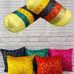 Pink Parrot Yellow & Red Set of 7 Ethnic Motifs Square Cushion Covers-4