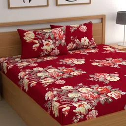 CG HOMES Red & Beige Floral 210 TC Queen Bedsheet with 2 Pillow Covers-image-89