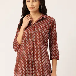 FERANOID Floral Print Roll-Up Sleeves Pure Cotton Shirt Style Longline Top-image-90